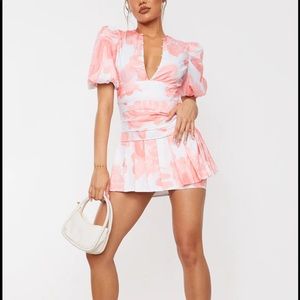 Pink Print Pleated Waist Puff Sleeve Skater Dress